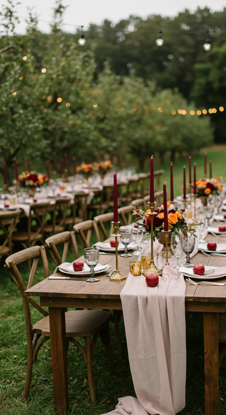 A wooden table in an apple orchard with a blush runner, burgundy candles, and apples at each setting.