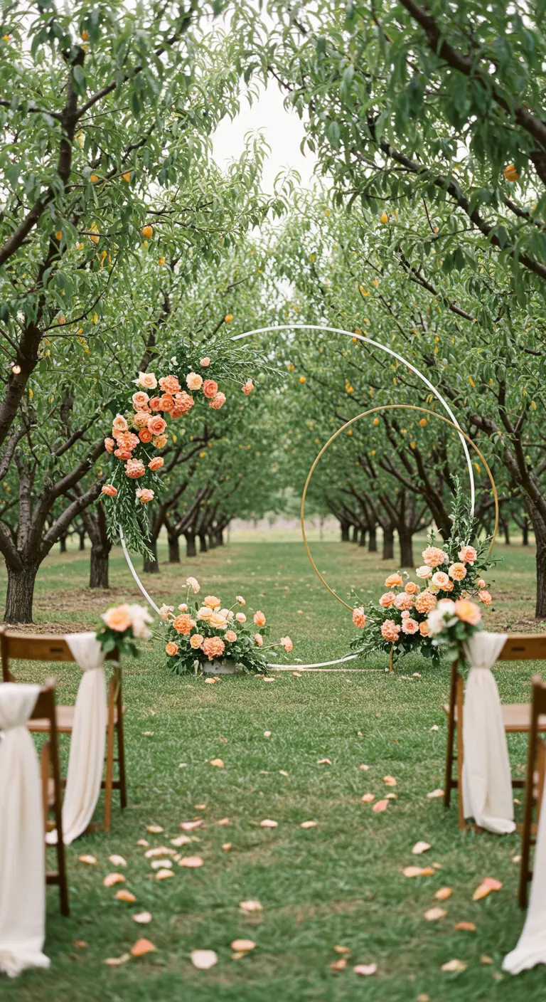 Intersecting white and gold hoops with peach flowers in an orchard.