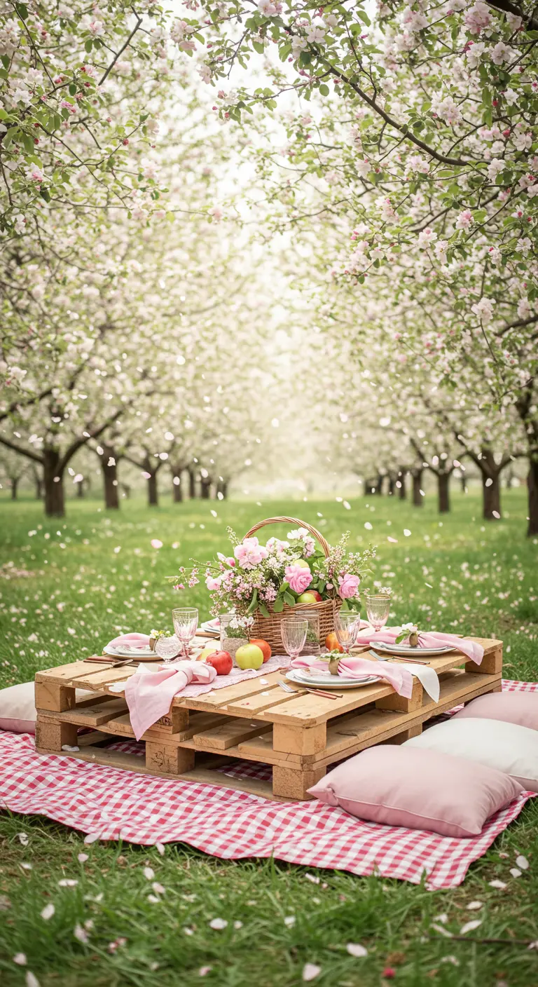 Pallet picnic table under blooming trees with pink accents.