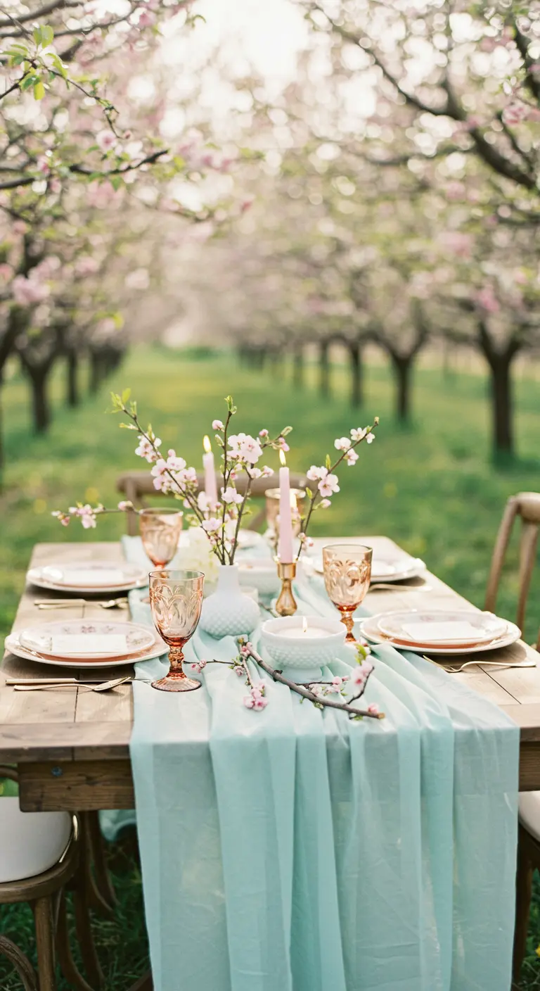Romantic table in a blooming orchard with a mint green runner and cherry blossoms.