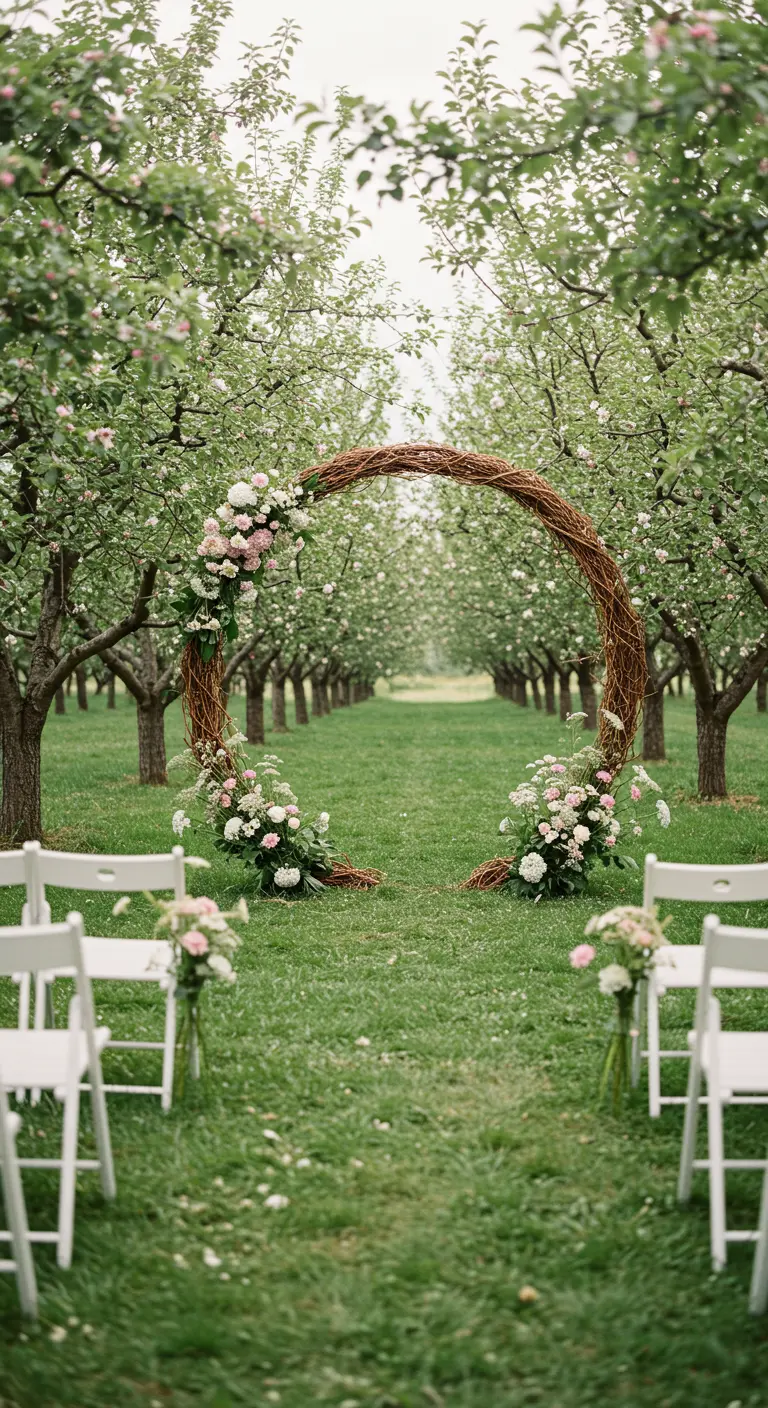A circular wicker wedding arch with pink and white flowers in a blossoming apple orchard.