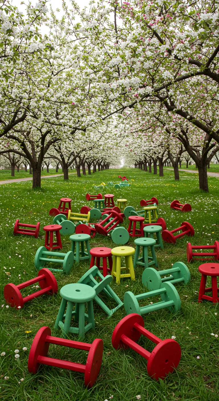 Red and green stools tumbled and scattered playfully across the green grass of a blooming apple orchard.