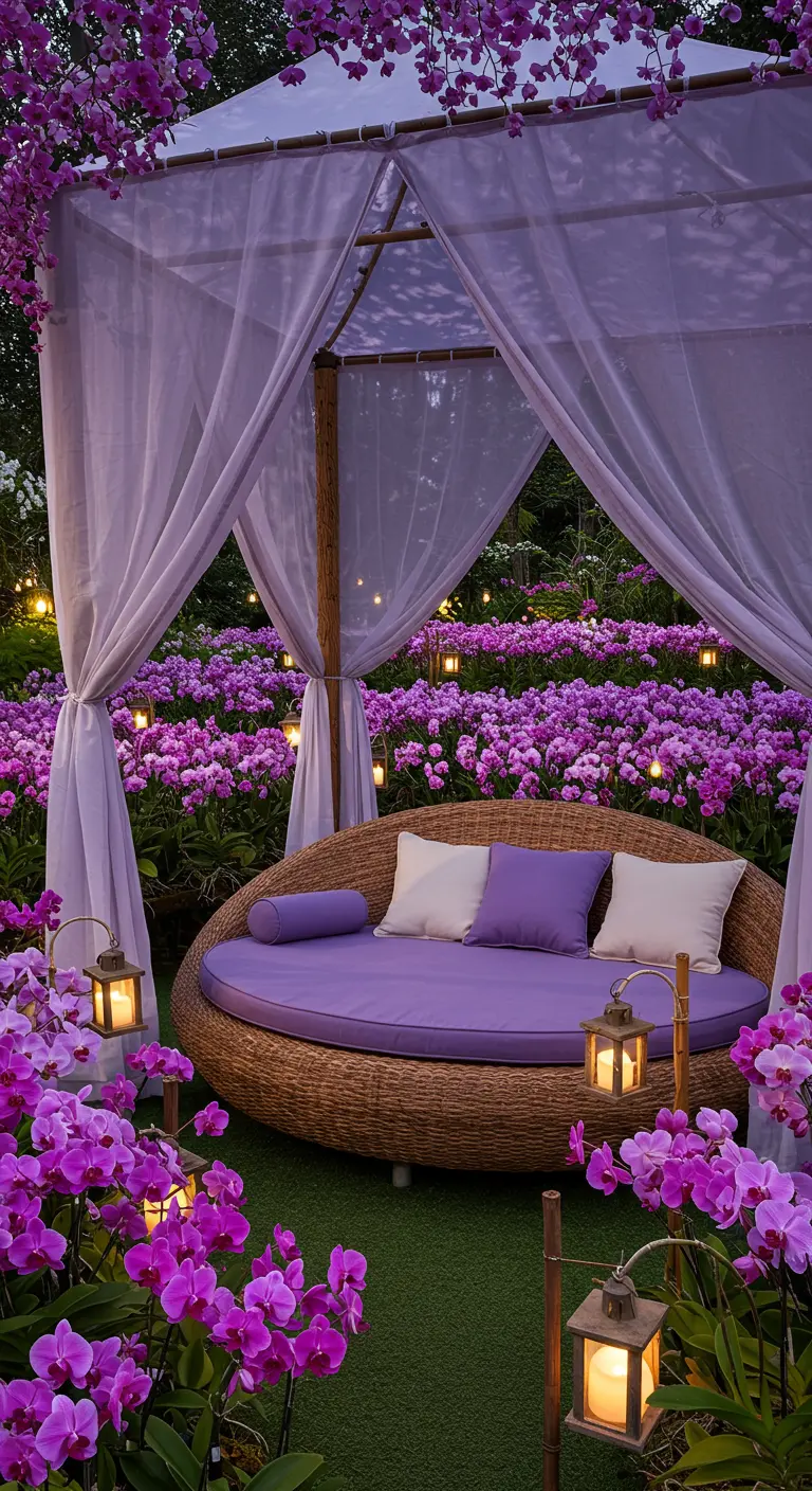 Round woven daybed with purple cushions and drapes set in a field of purple orchids.