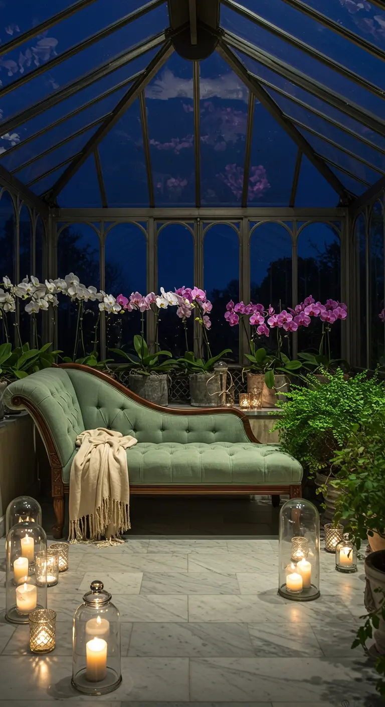 An elegant conservatory with a green chaise lounge, blooming orchids, and candles under glass cloches.