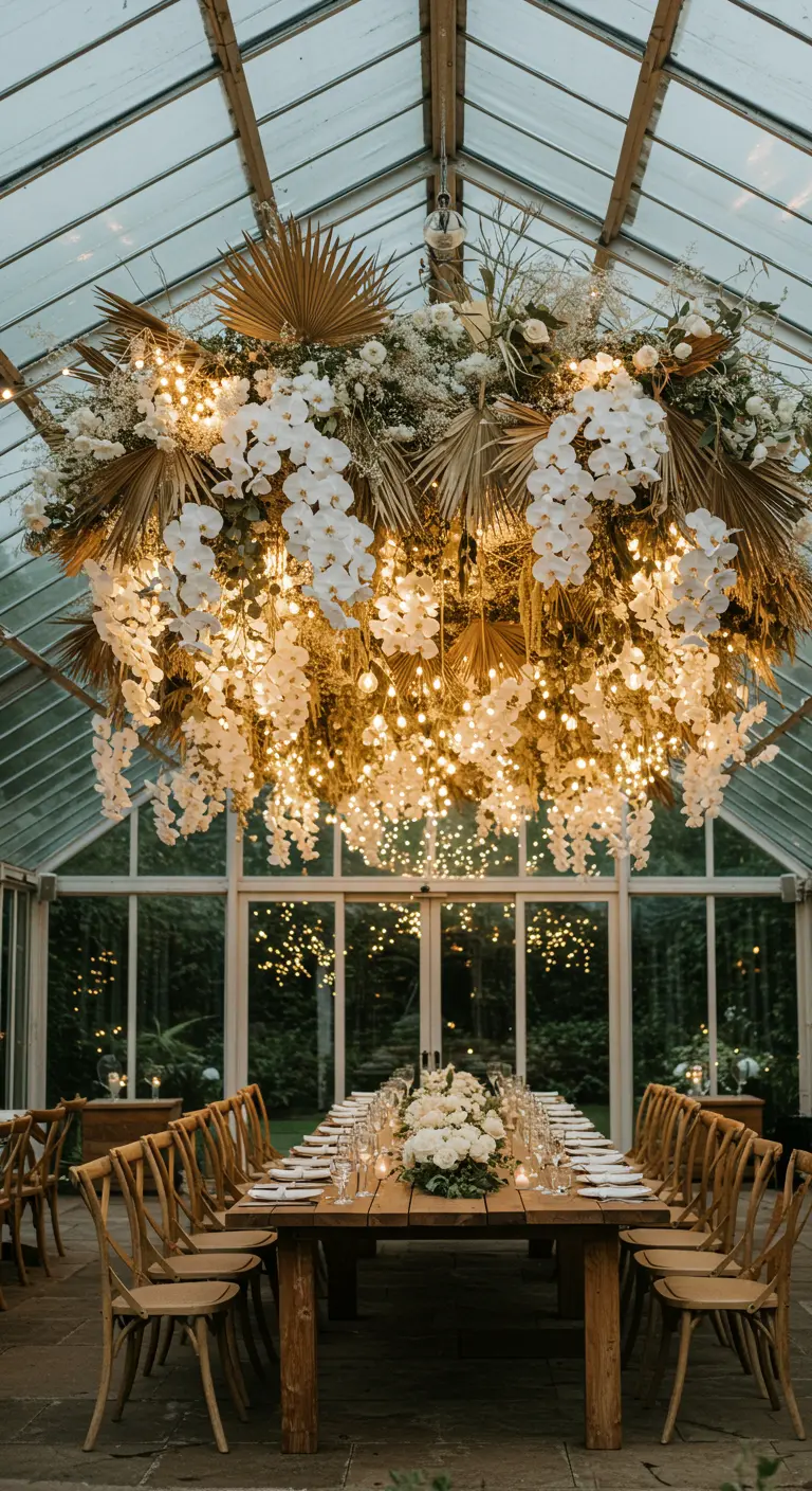 A massive hanging installation of white orchids, dried palms, and fairy lights over a long wedding table.