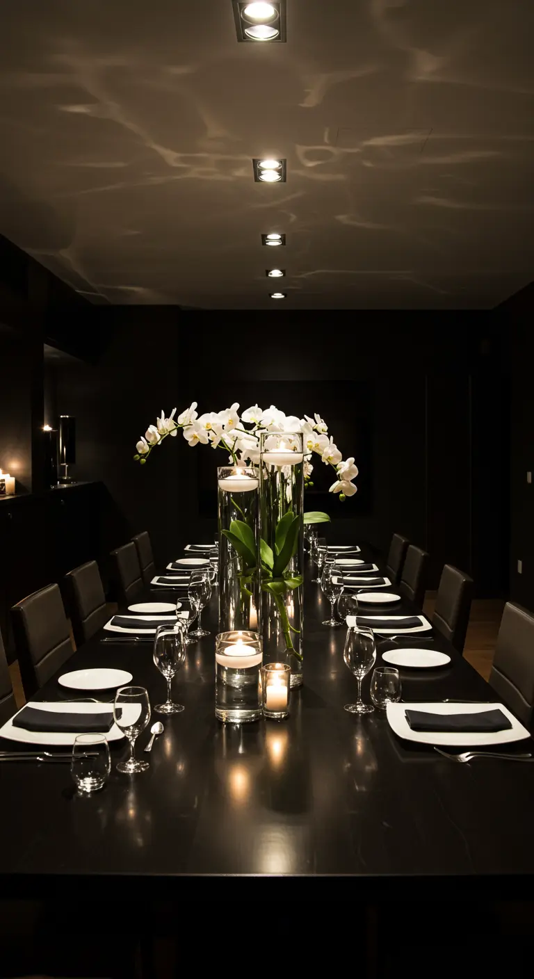 A long, dark dining table set with white orchids in tall glass vases and candlelight.