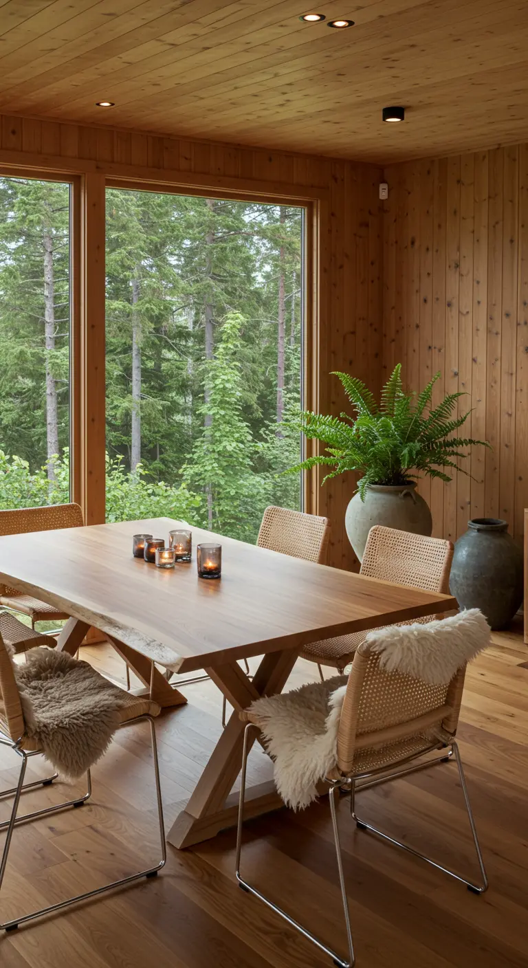 Live edge oak dining table with rattan chairs, two with sheepskin throws, in a wood-paneled room with large windows overlooking a forest.