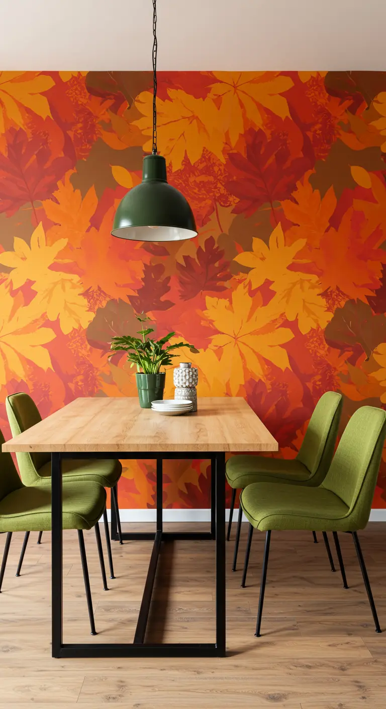 Dining room with a large-scale autumn leaf wallpaper and an industrial-style table.