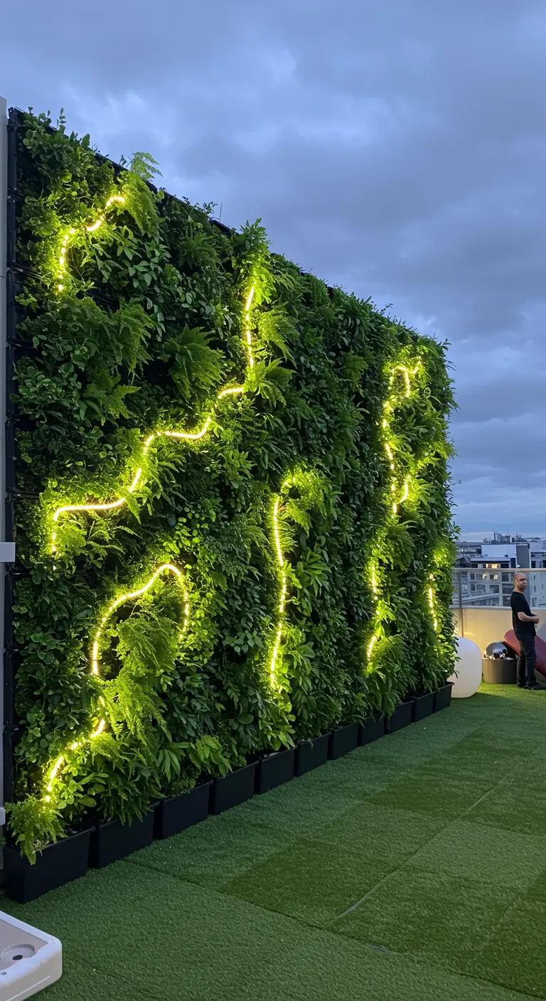 A massive living wall of ferns and ivy with glowing yellow LED ropes woven through it.