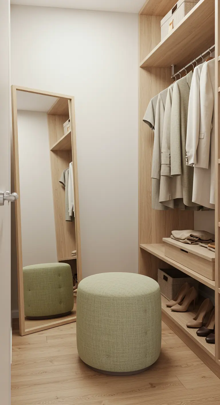 An organized walk-in closet with light wood shelves and a pale green ottoman.