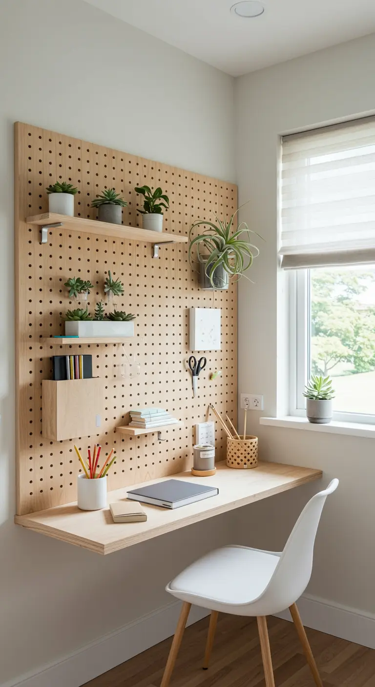 A light wood pegboard wall over a desk with shelves holding small plants and office supplies.