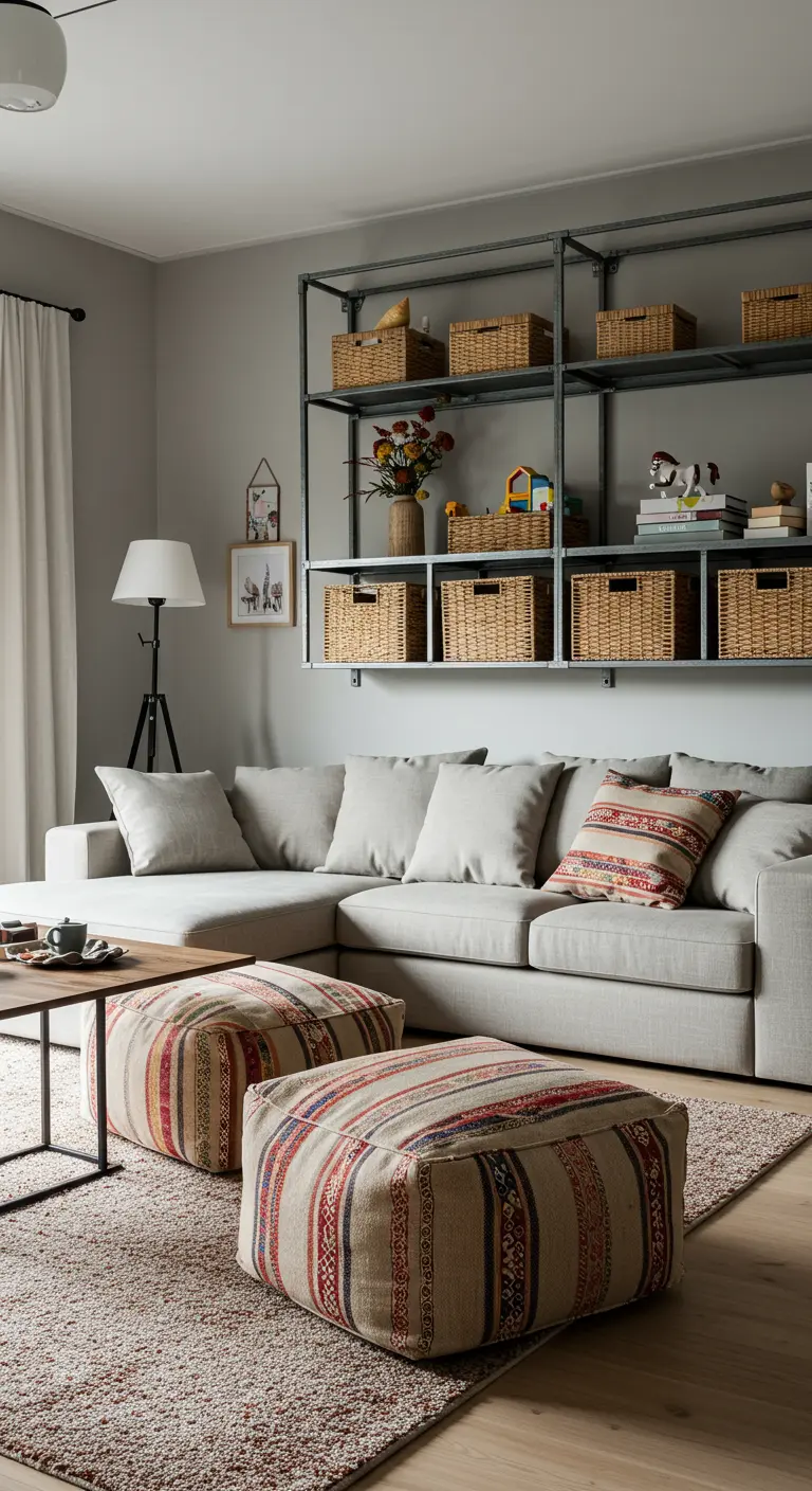 Wall-mounted industrial shelves organized with uniform woven baskets above a gray sectional.