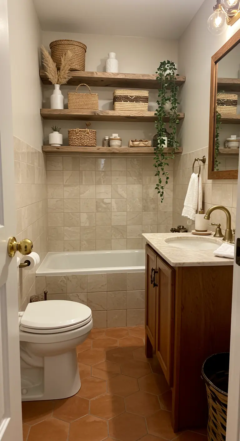 Earthy bathroom with terracotta tiles and woven baskets on open wood shelves.