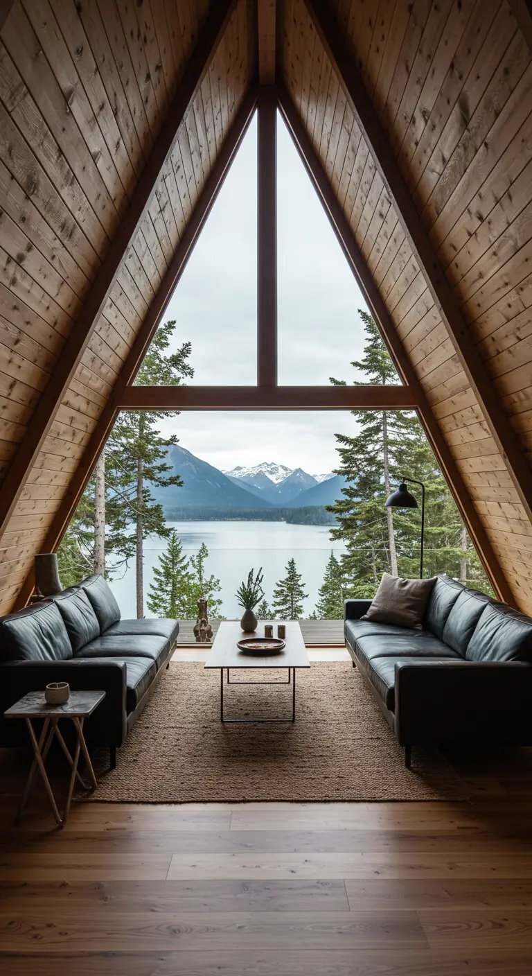 A-frame cabin living room with a large triangular window overlooking a lake and mountains.