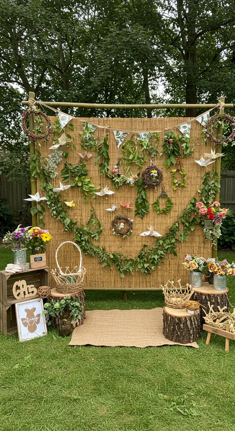 Bamboo screen backdrop decorated with ivy, wreaths, and paper cranes.