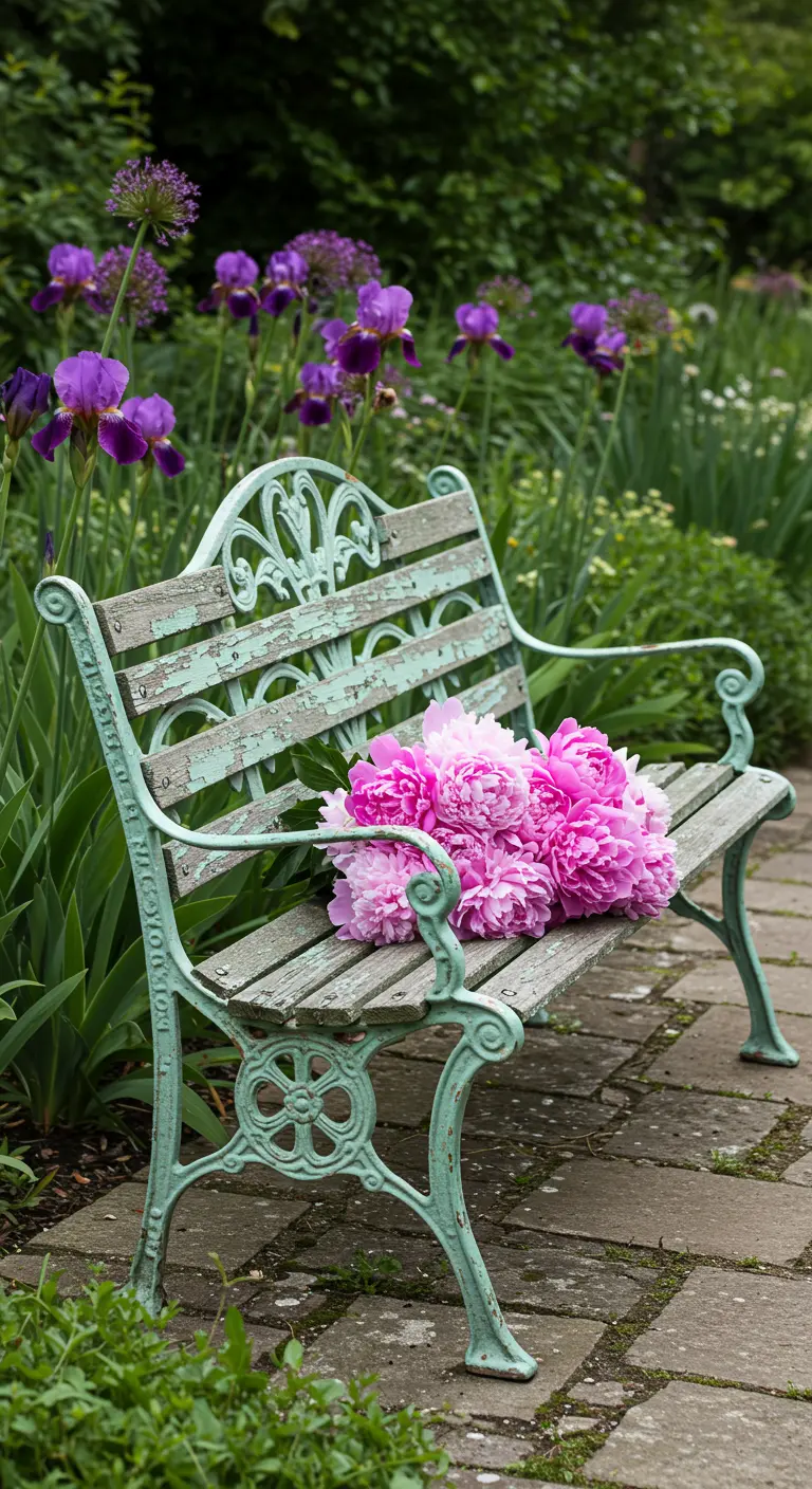 An ornate cast iron bench with a weathered green finish, holding pink peonies.