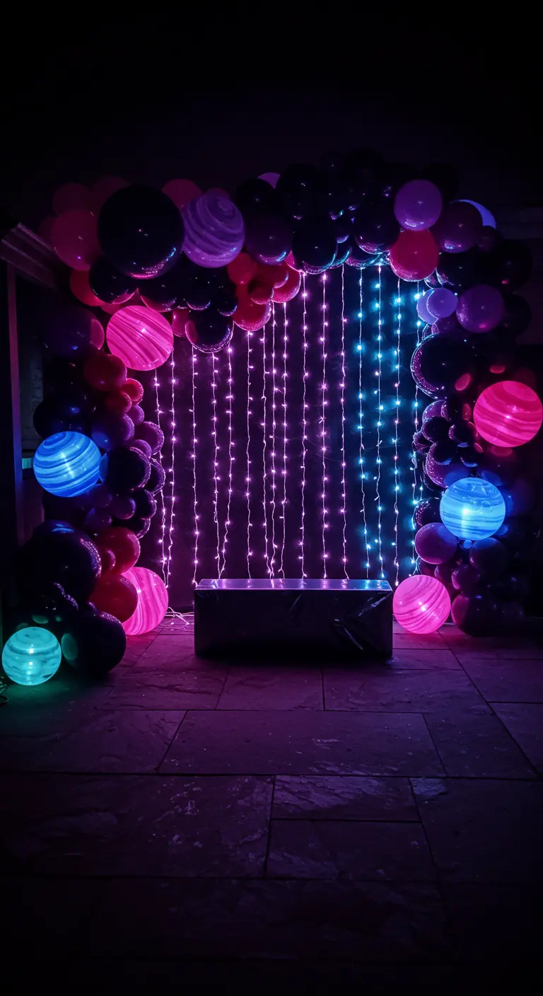 A galaxy-themed balloon arch with purple and blue lighting and glowing orb balloons.