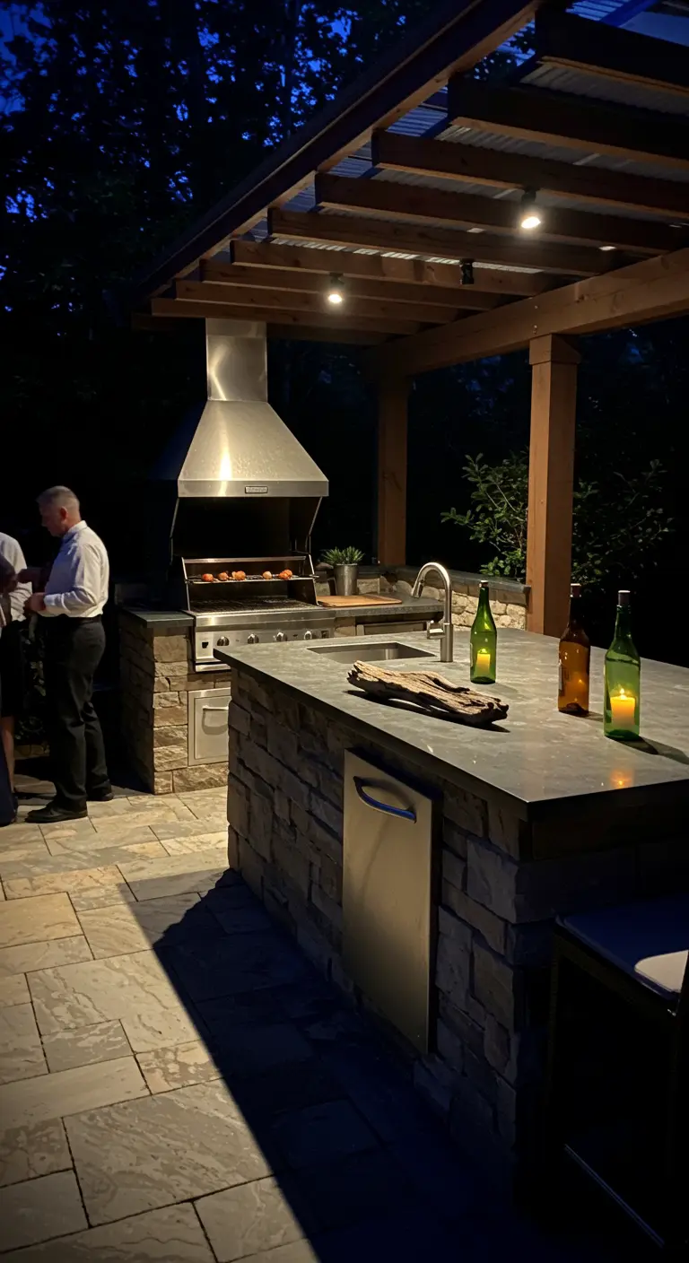 A small driftwood and wine bottle candle arrangement on a modern outdoor kitchen counter.