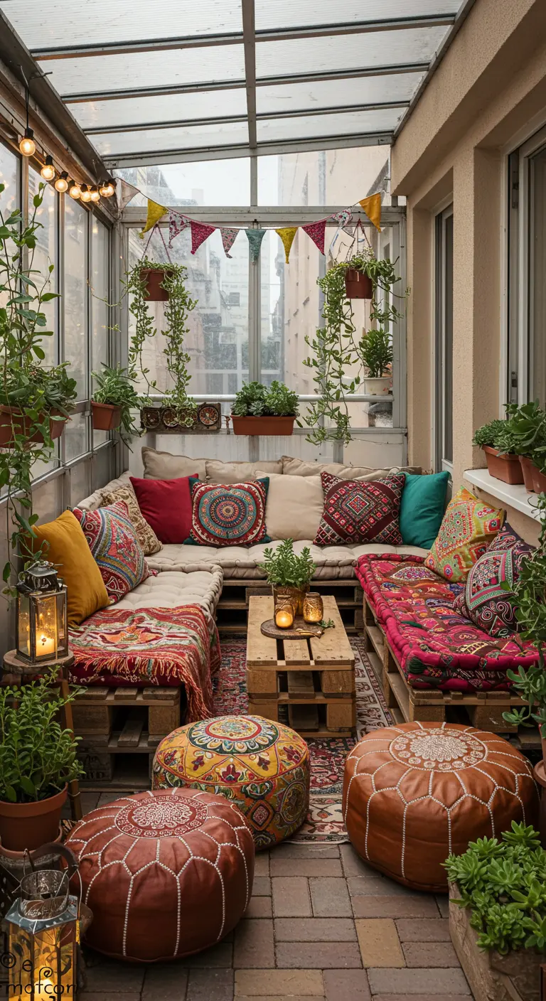 Vibrant, enclosed balcony with pallet furniture, an abundance of patterned cushions, and Moroccan poufs.