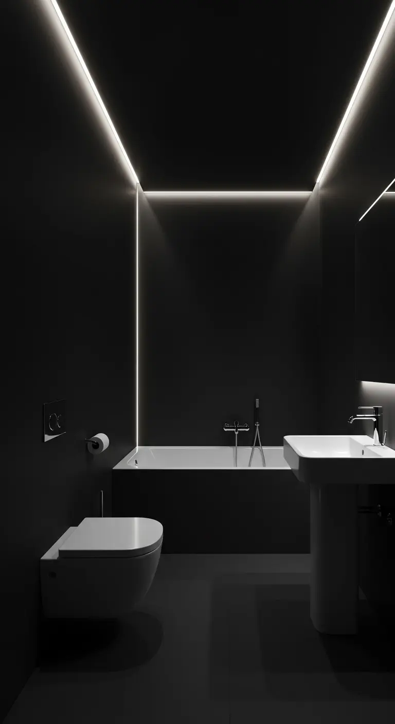 All-black minimalist bathroom with white LED strips outlining the walls and ceiling.
