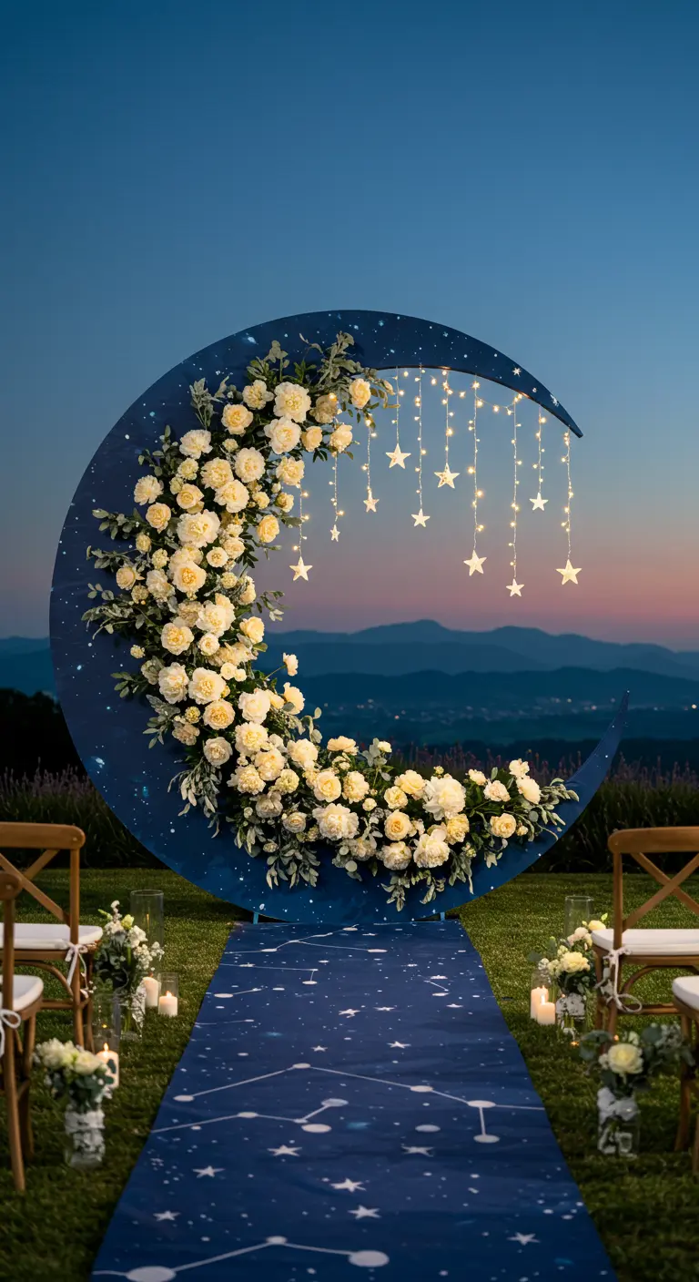 A crescent moon wedding arch with white peonies and hanging star lights at dusk.