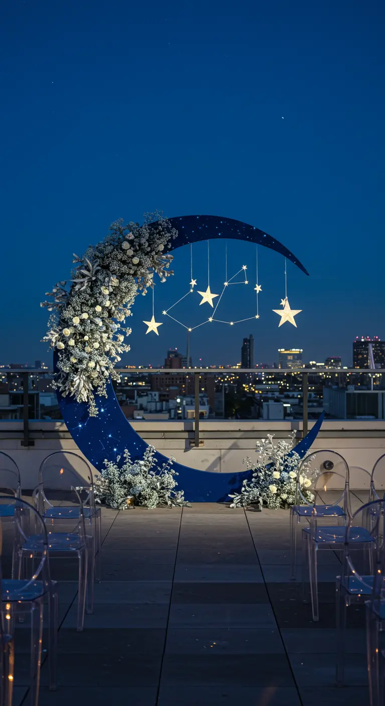 A crescent moon-shaped wedding arch on a rooftop at night, decorated with white flowers.