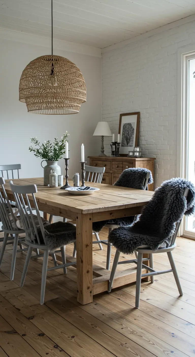 Rustic oak dining table with grey chairs, two draped with dark sheepskin, under a large woven pendant light.