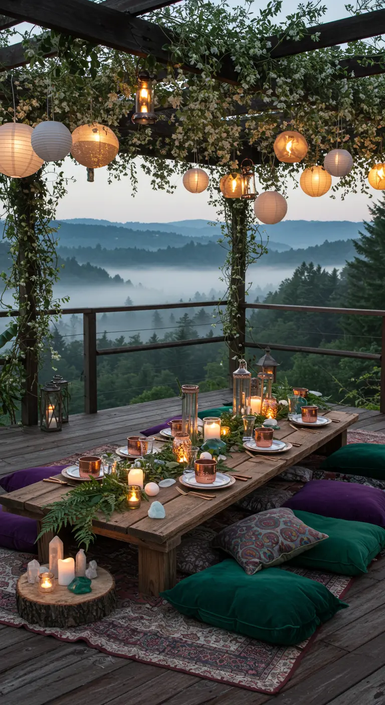 Low-seated deck dining with pillows, lanterns, and a mountain view.