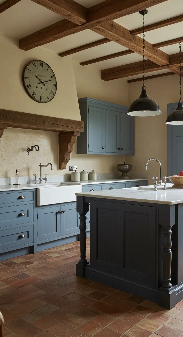 A Country French kitchen with blue cabinets, a large antique wall clock, and exposed wooden beams.