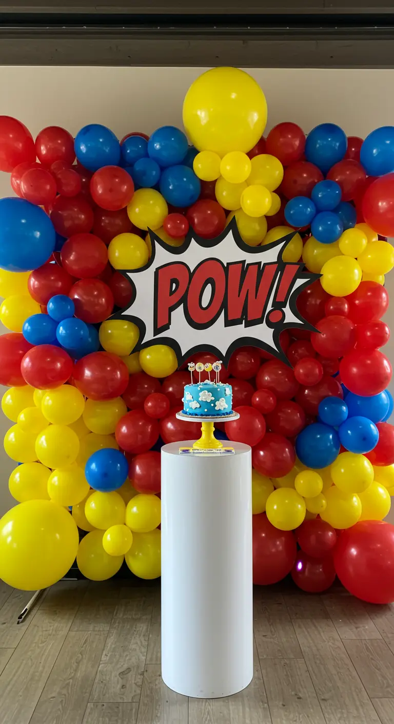 Cake on a pedestal in front of a wall of balloons and a 