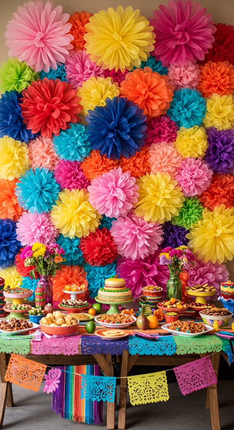 A vibrant wall completely covered in multi-colored pom-poms behind a fiesta-themed food table.