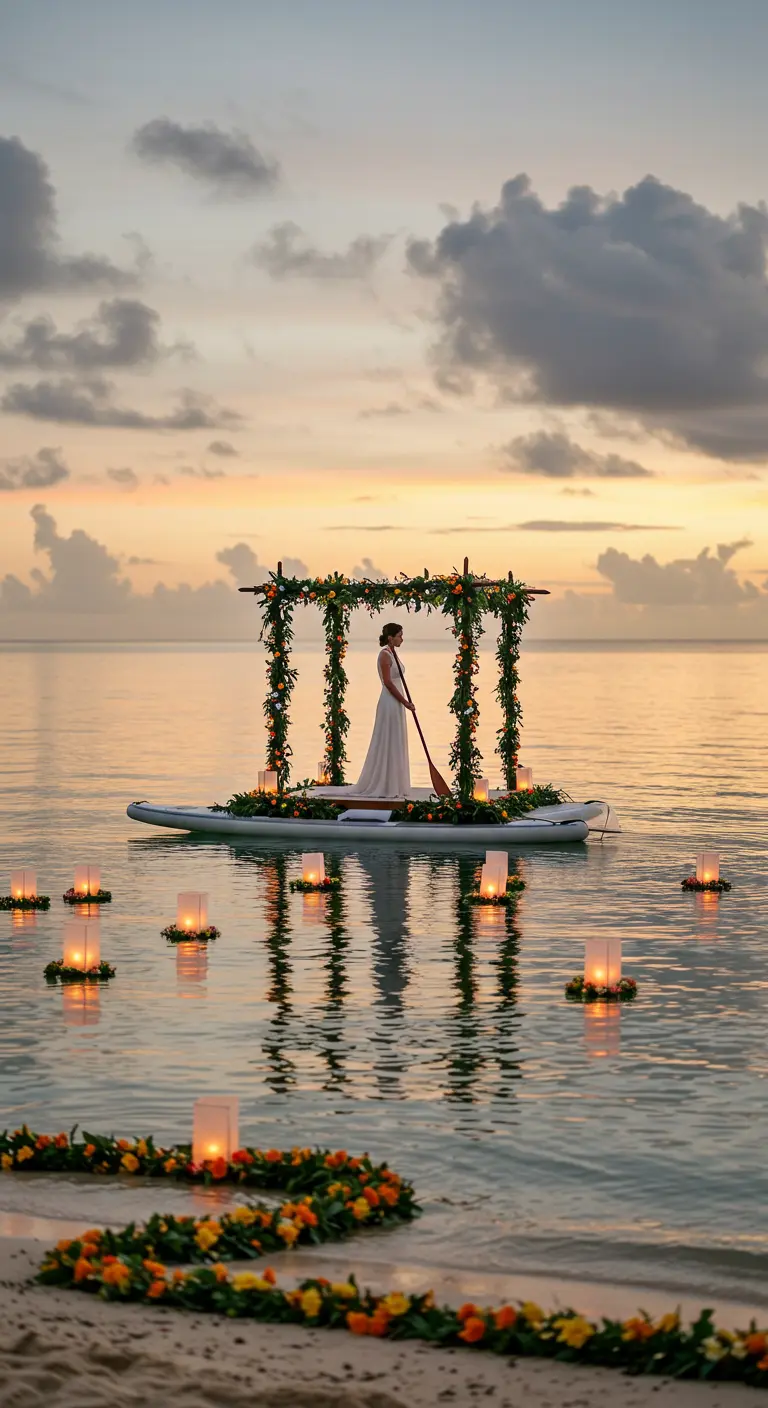 A bride on a paddleboard under a floral arch, surrounded by floating candles on the water.