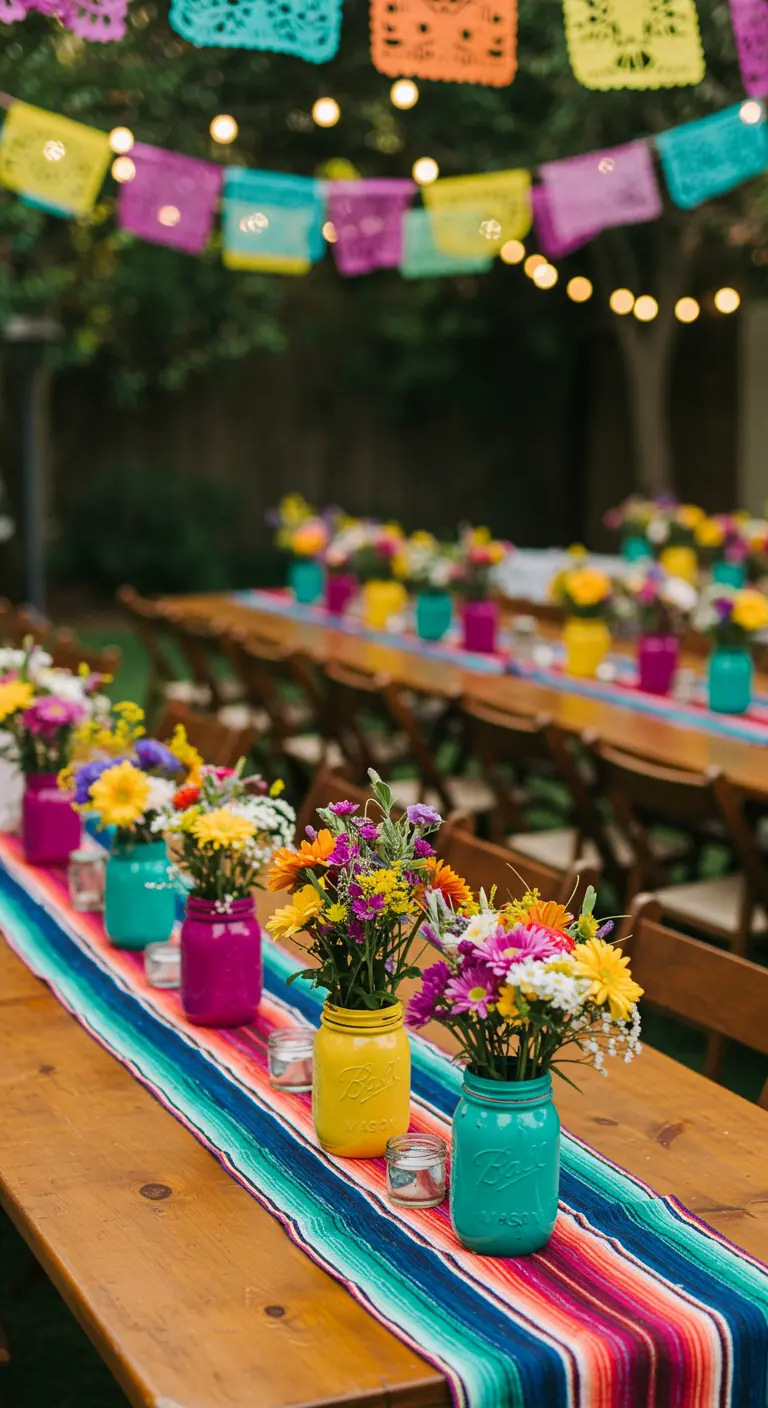 A fiesta-themed wedding table with a serape runner and brightly painted Mason jars of wildflowers.