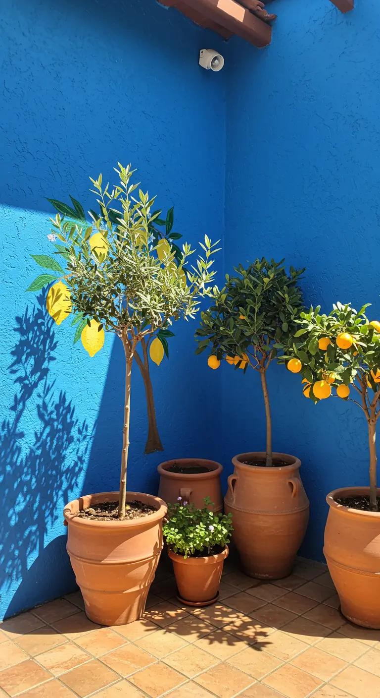 A vibrant blue wall with a painted lemon branch next to real lemon and orange trees in terracotta pots.