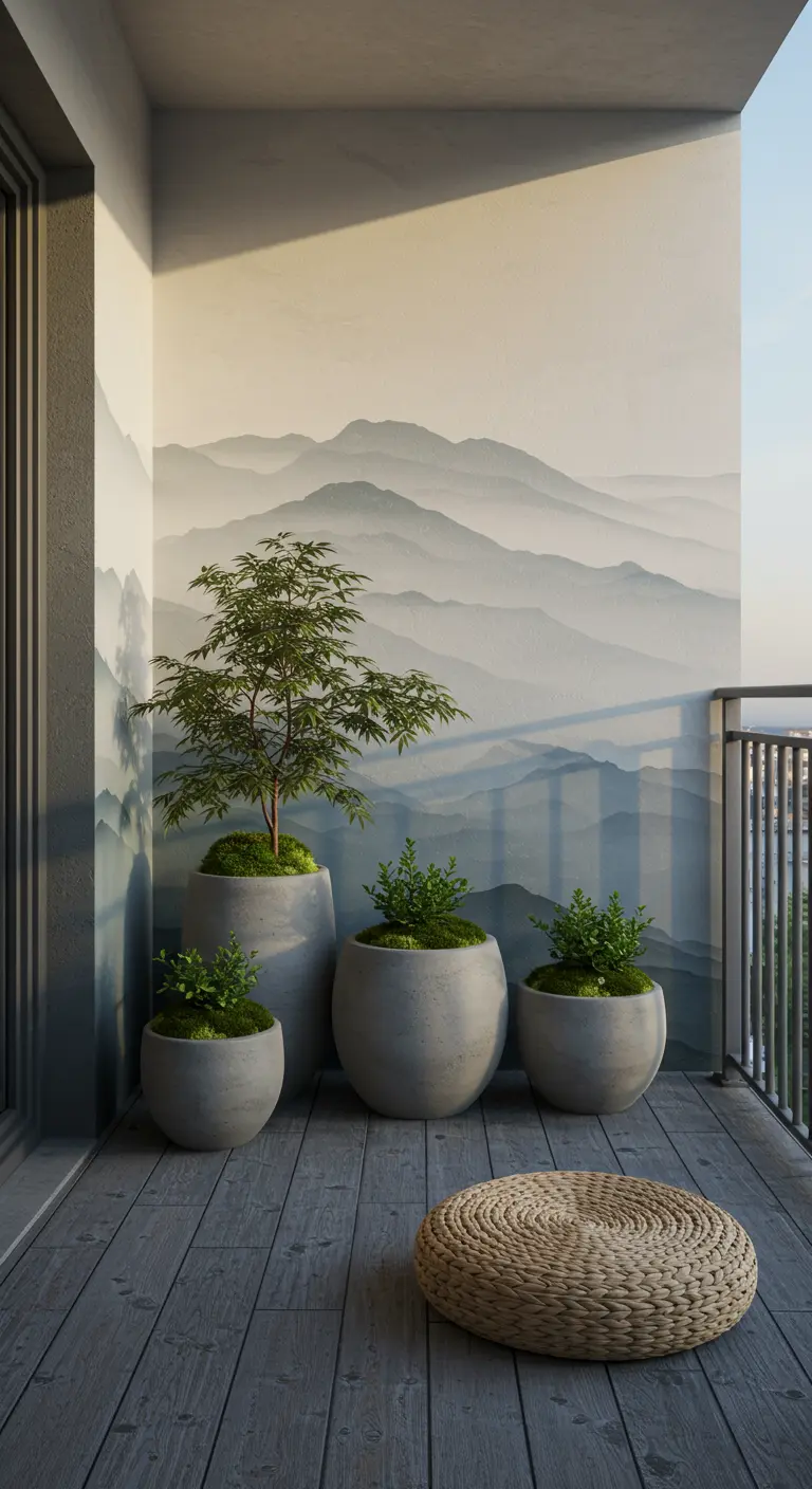 Balcony with a painted mountain mural and minimalist concrete planters with a Japanese maple.