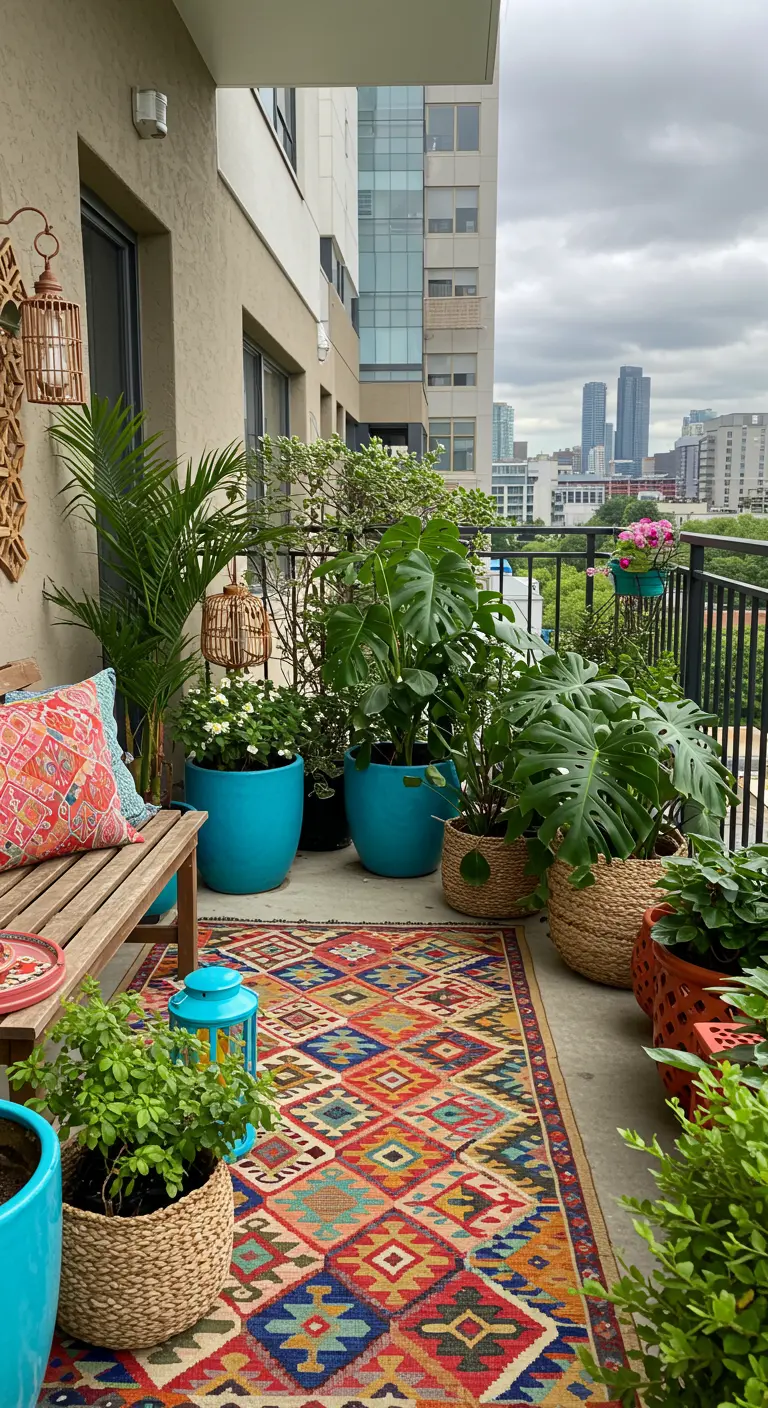A vibrant balcony with a colorful geometric rug, turquoise planters, and lush green plants.