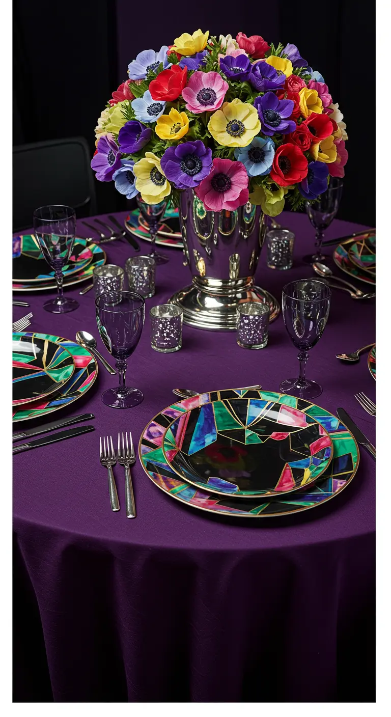 A colorful Art Deco table with stained-glass-patterned plates and vibrant flowers.