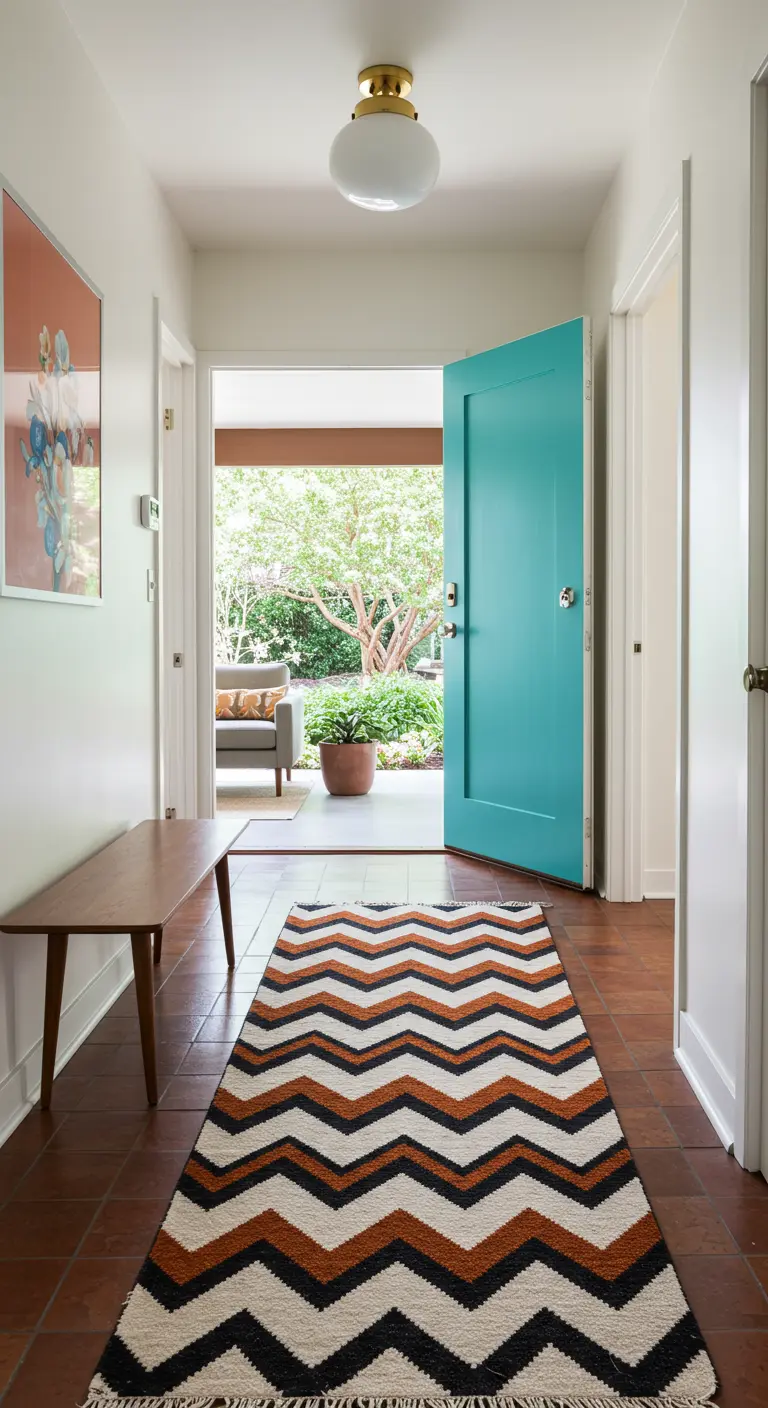 Hallway with a bright turquoise door, terra cotta tiles, and a chevron runner rug.