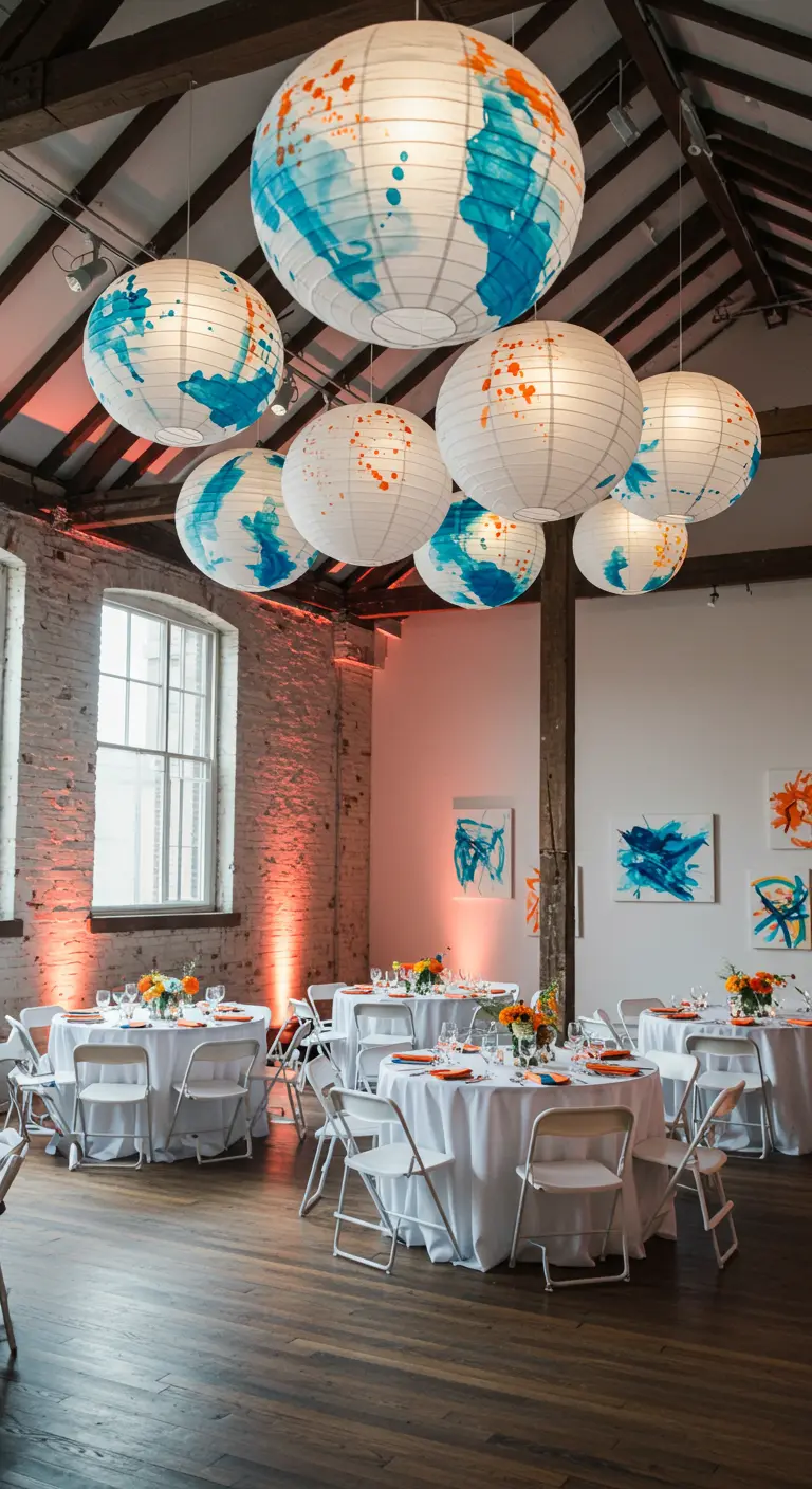 White paper lanterns custom-painted with blue splotches to resemble Earth, hanging in a loft.