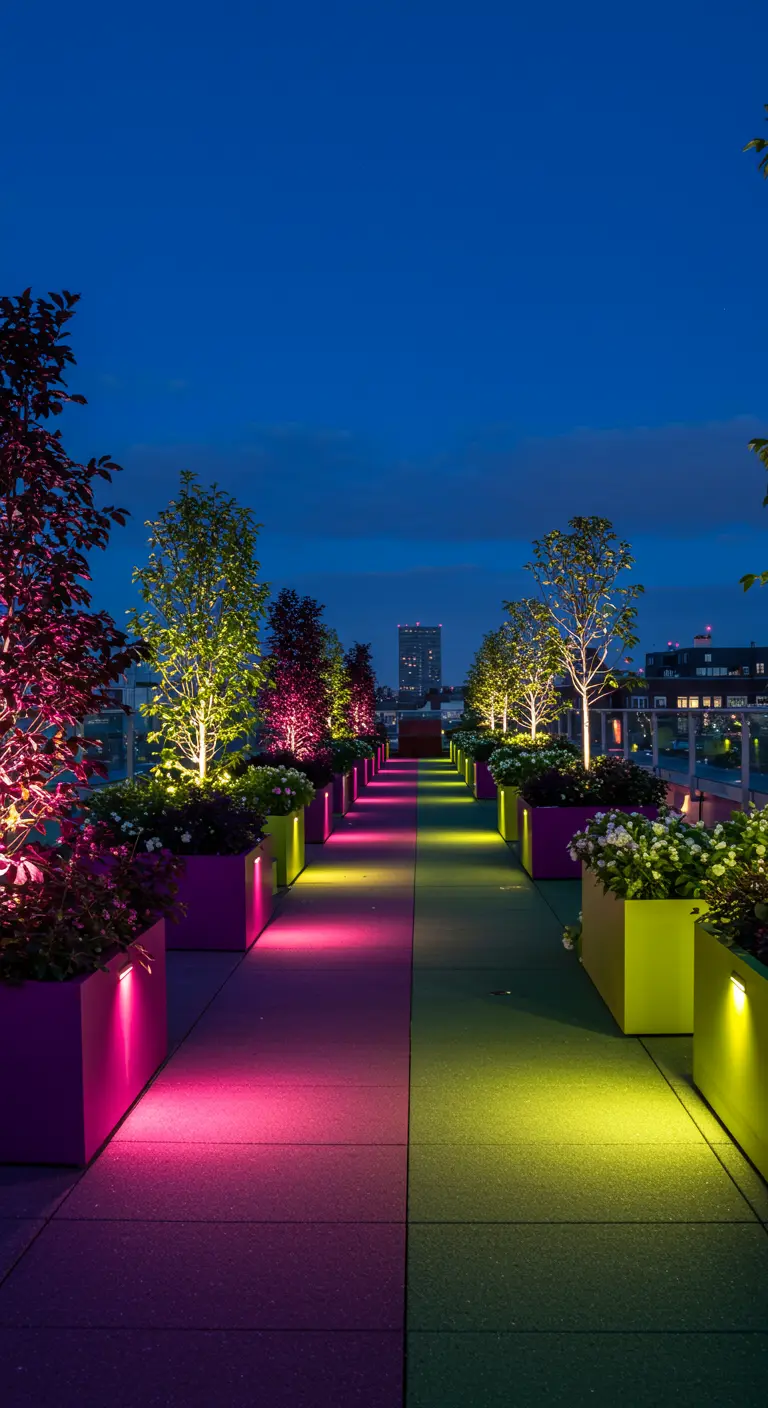 A rooftop path with planters illuminated by vibrant, colorful pink and yellow lights.