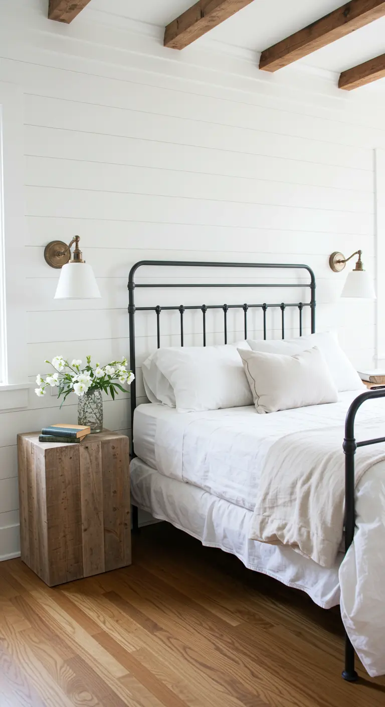 Bedroom with a black metal bed frame, shiplap walls, and a reclaimed wood block nightstand.