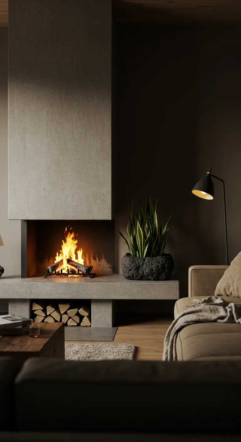 A modern concrete fireplace with fire burning, next to a snake plant in a lava rock planter.