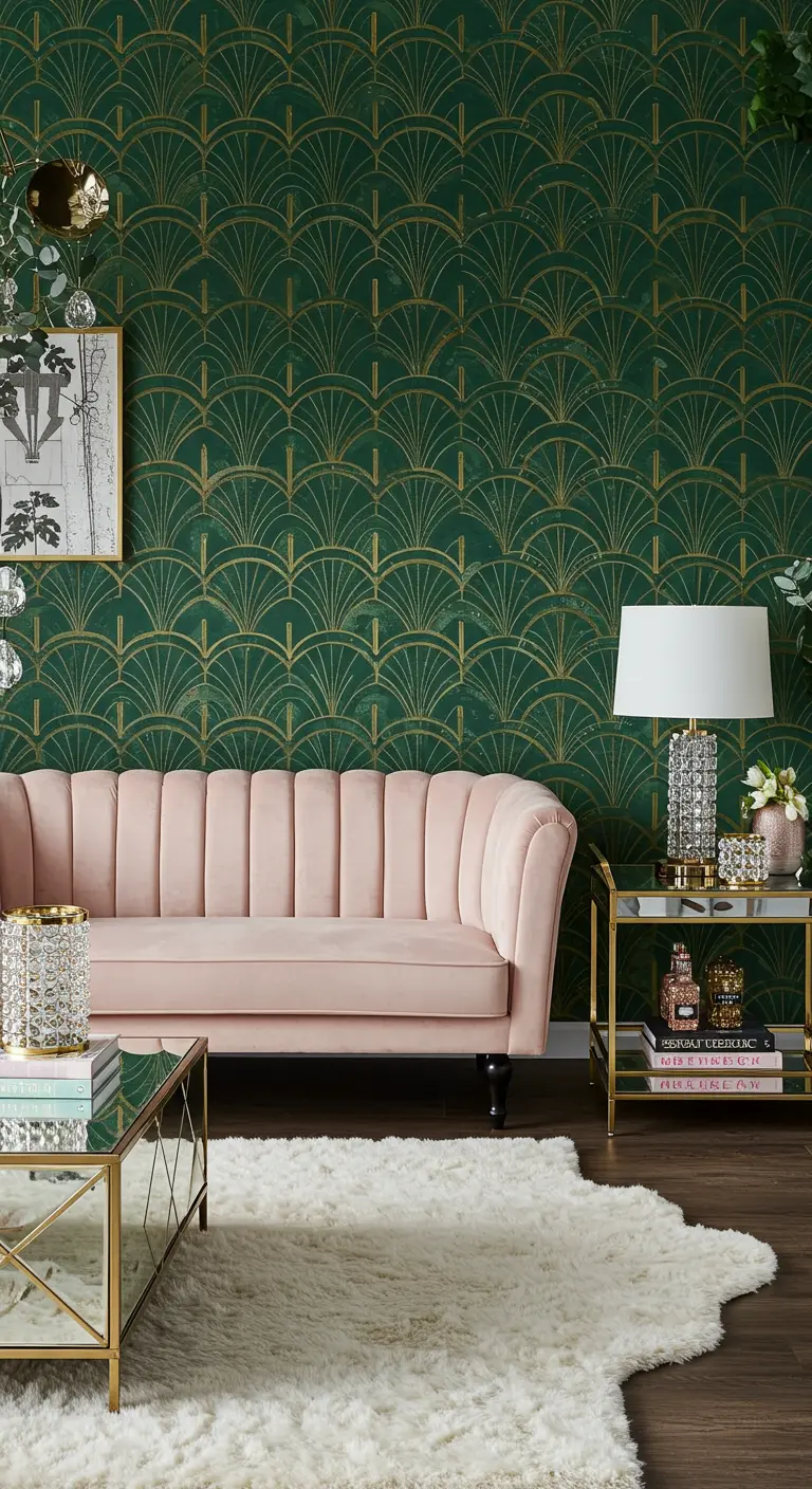 Living room with emerald green and gold art deco wallpaper behind a curved blush pink velvet sofa.