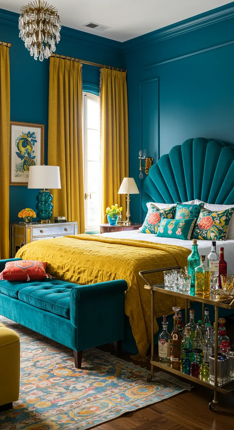 A vibrant teal and yellow bedroom with a scalloped velvet headboard and a bar cart.