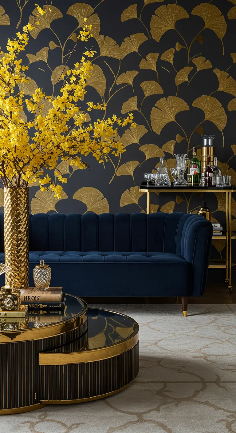 Living room with gold ginkgo leaf wallpaper, a navy velvet sofa, and a gold bar cart.