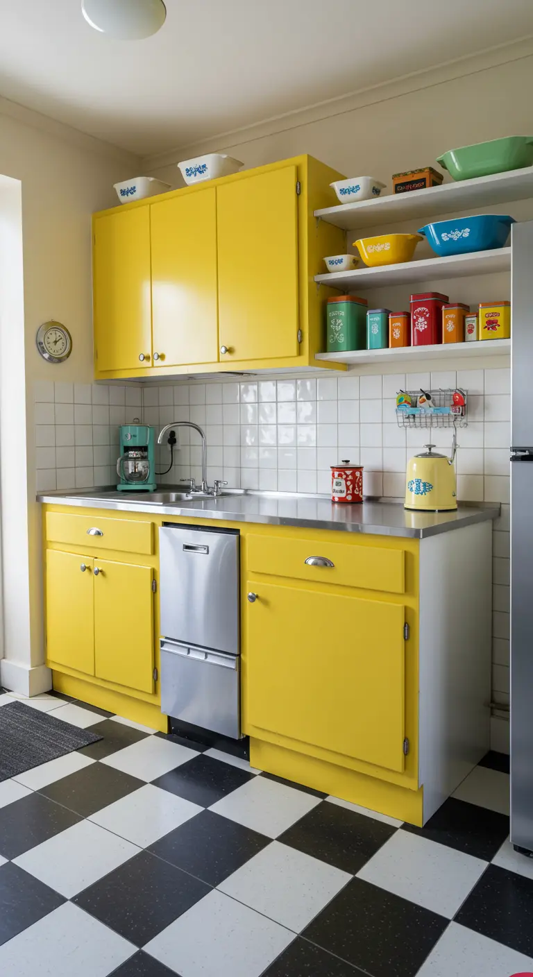 A retro kitchen with bright yellow cabinets, a black and white checkerboard floor, and colorful bowls.