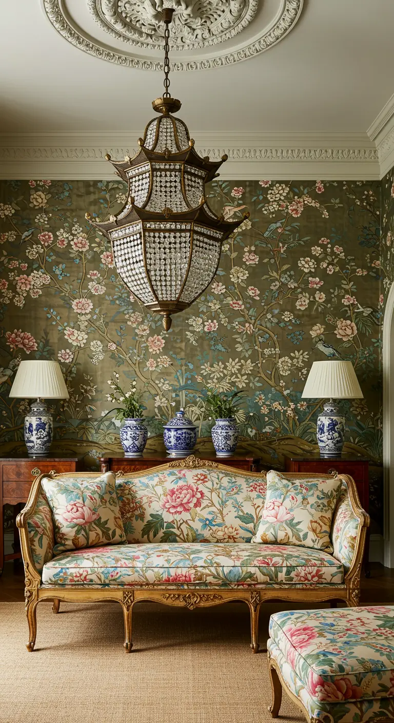 A formal living room with Chinoiserie wallpaper and a floral French sofa with a gilded frame.