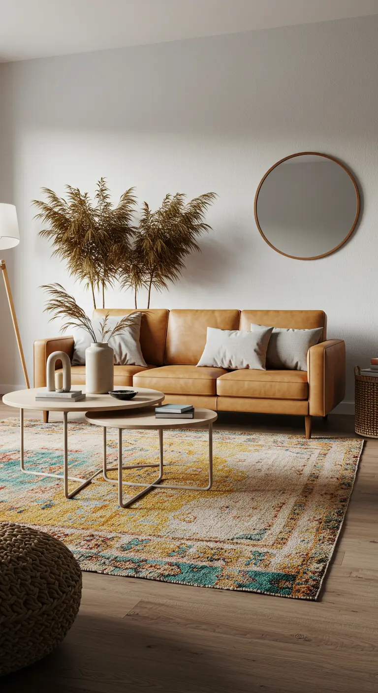 Cognac leather sofa with pampas grass and a colorful, distressed area rug.