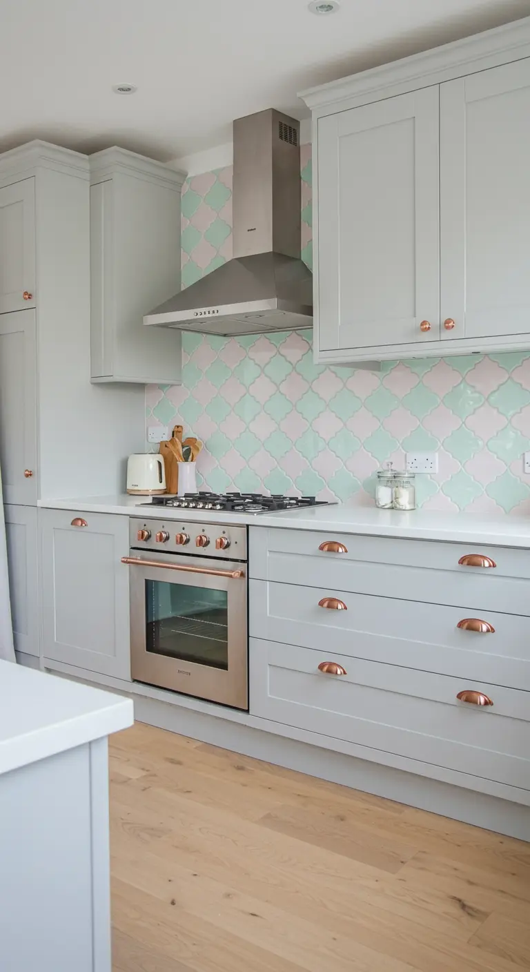 Kitchen with light gray cabinets, copper pulls, and a mint and pink patterned tile backsplash.