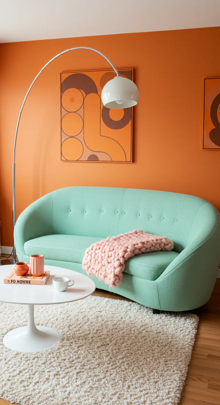 A curved mint green sofa with a chunky pink knit throw set against a bold orange wall.